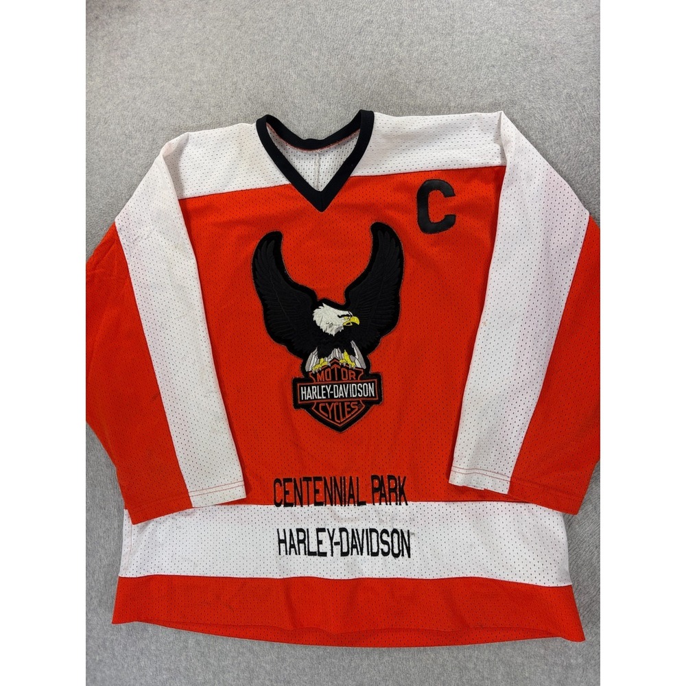 Harley Davidson Stitched Logos Hockey Jersey (Men's 2XL) Orange/White - USA